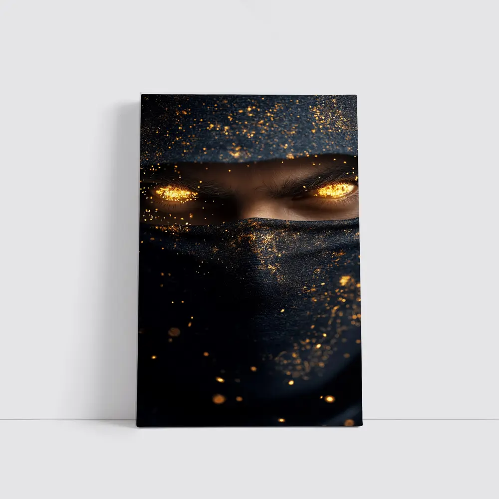 Masked Figure Glowing Gold Eyes Dark Background – Wall Art