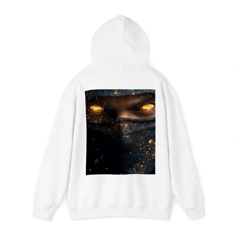 Masked Figure Glowing Gold Eyes Dark Background – Hoodies