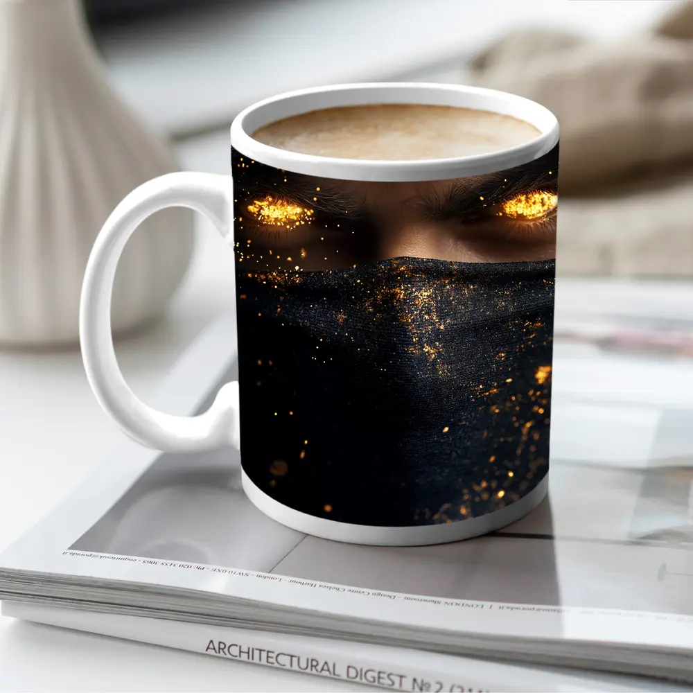 Masked Figure Glowing Gold Eyes Dark Background – Mugs