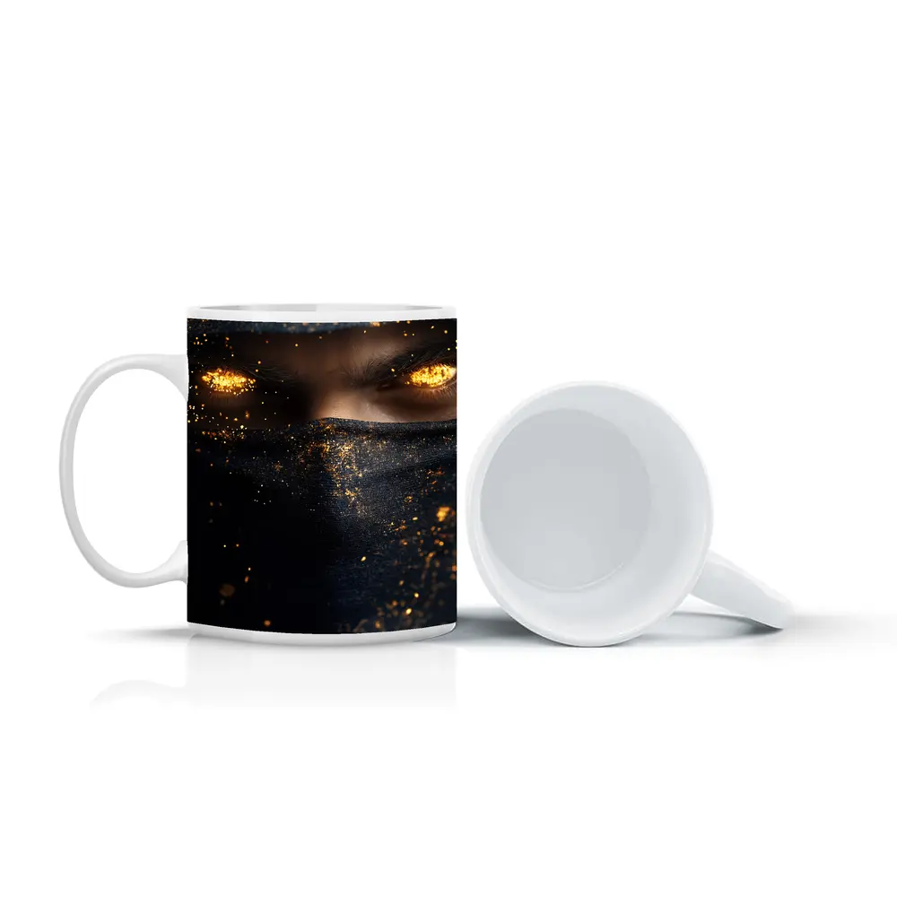 Masked Figure Glowing Gold Eyes Dark Background – Mugs