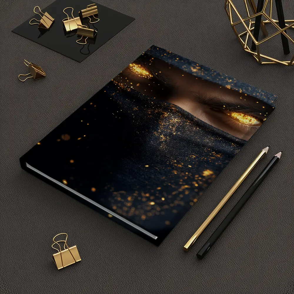 Masked Figure Glowing Gold Eyes Dark Background – Notebooks