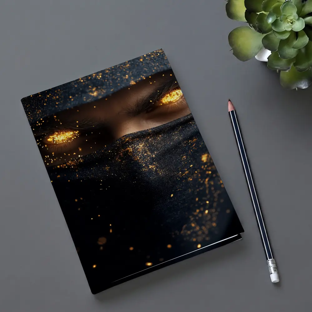 Masked Figure Glowing Gold Eyes Dark Background – Notebooks