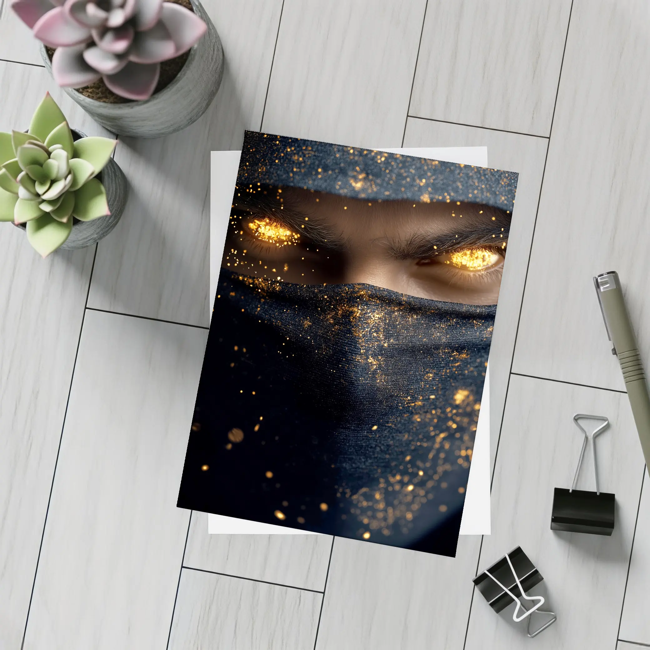 Masked Figure Glowing Gold Eyes Dark Background – Postcards
