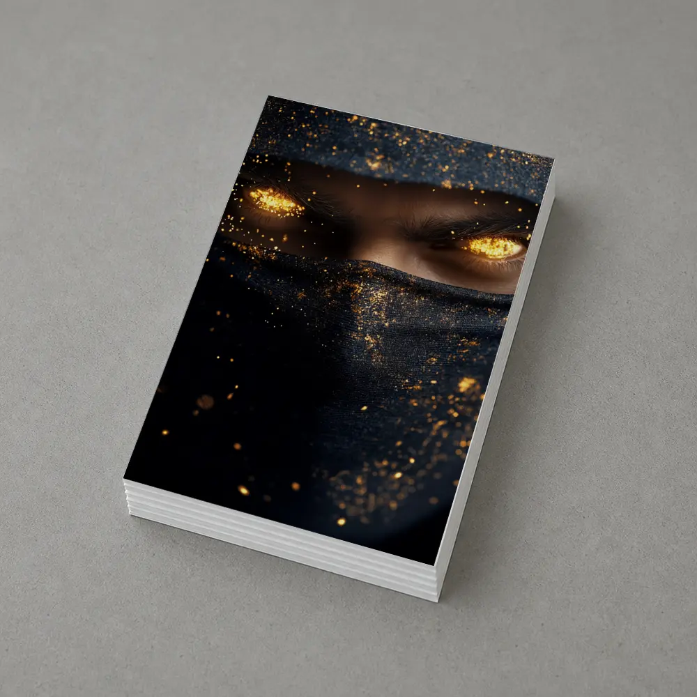 Masked Figure Glowing Gold Eyes Dark Background – Postcards