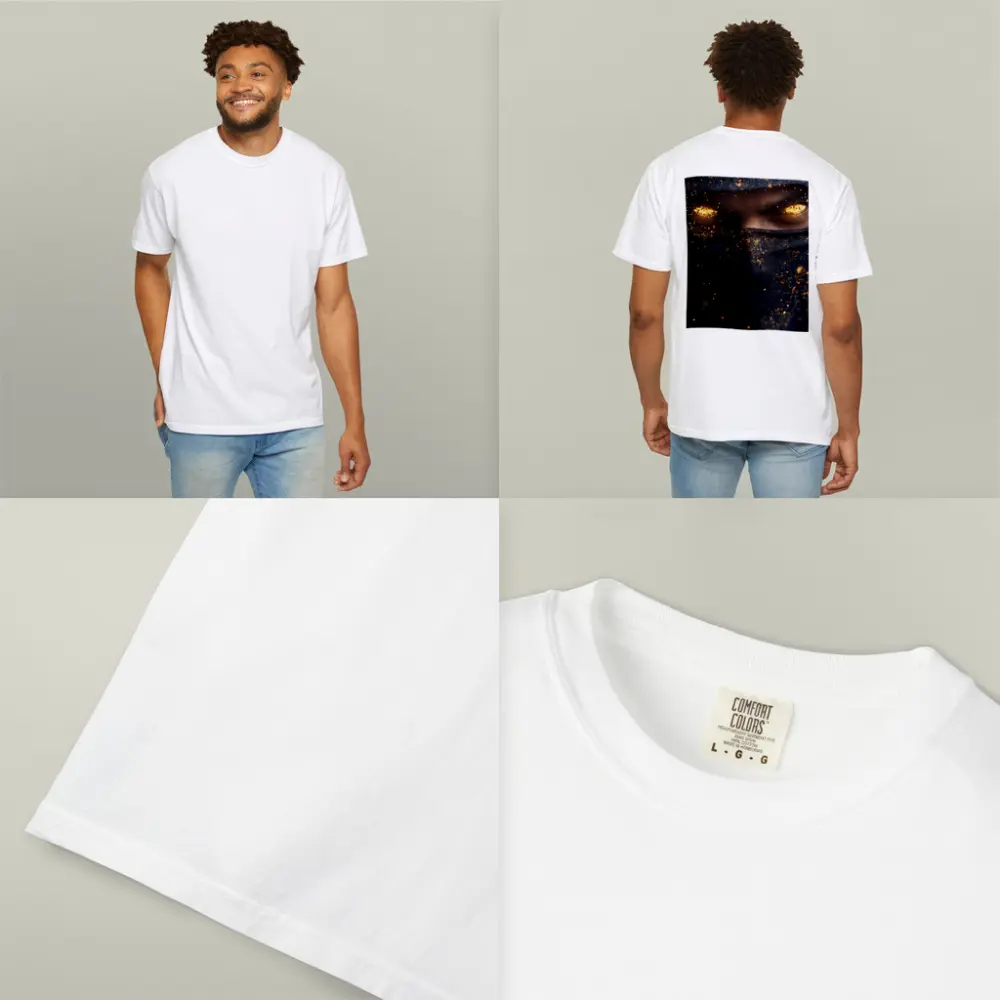 Masked Figure Glowing Gold Eyes Dark Background – T-Shirts