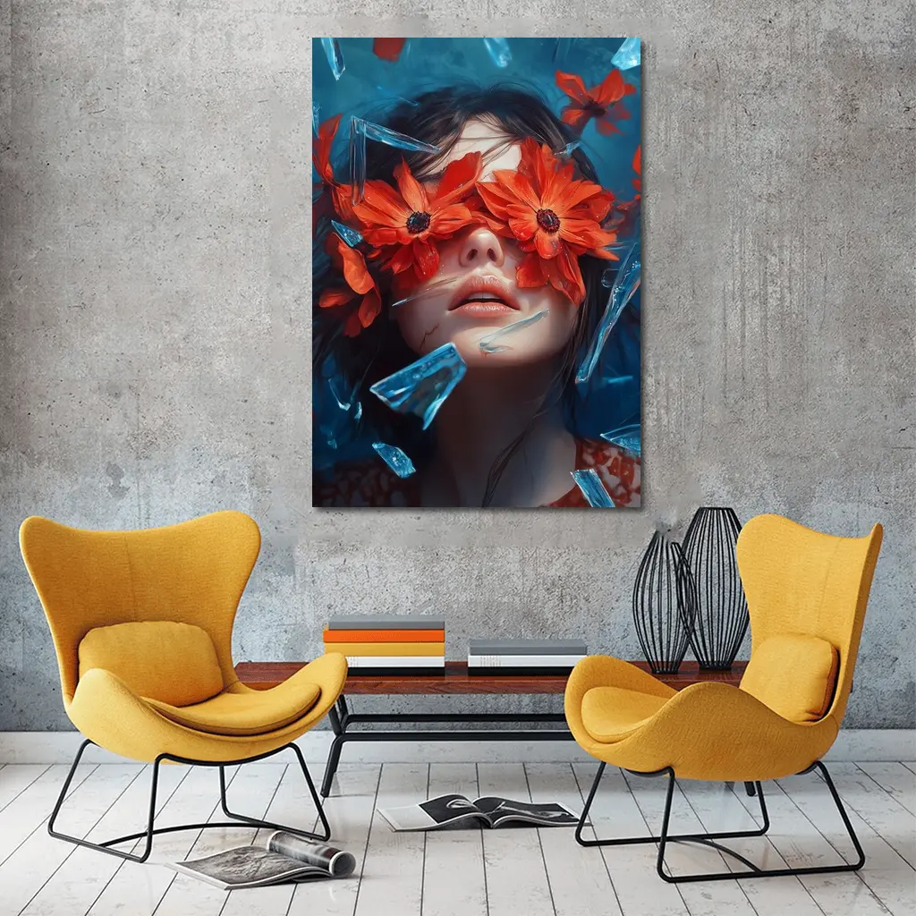Woman Red Flowers Shattered Glass Blue Background – Wall Art