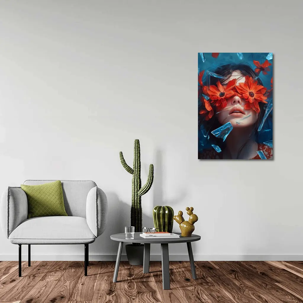 Woman Red Flowers Shattered Glass Blue Background – Wall Art
