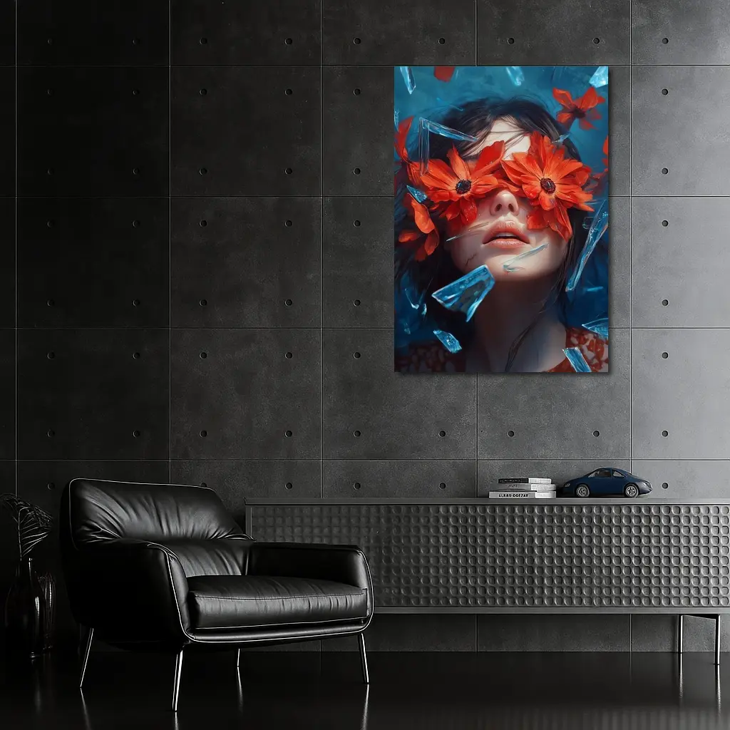 Woman Red Flowers Shattered Glass Blue Background – Wall Art