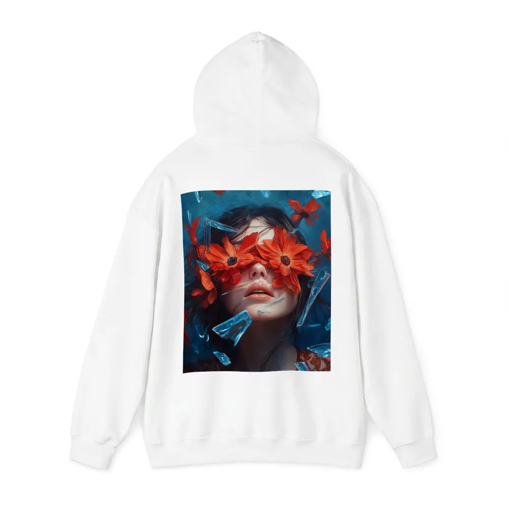 Woman Red Flowers Shattered Glass Blue Background – Hoodies