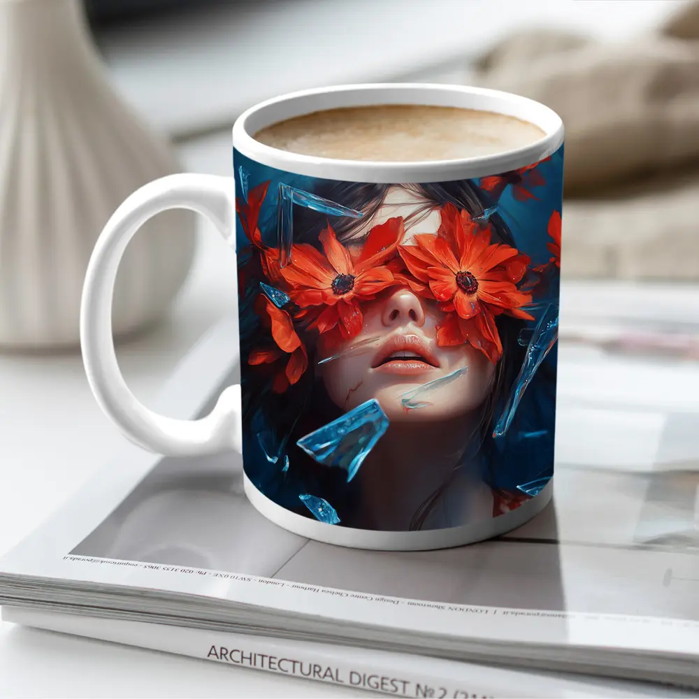 Woman Red Flowers Shattered Glass Blue Background – Mugs