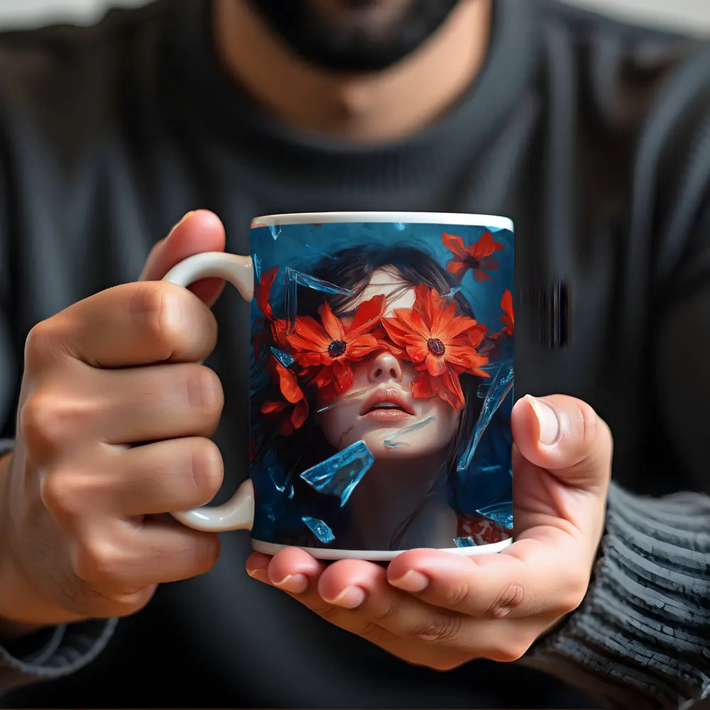 Woman Red Flowers Shattered Glass Blue Background – Mugs