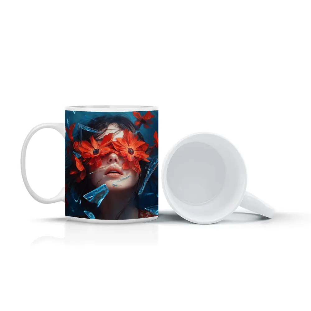 Woman Red Flowers Shattered Glass Blue Background – Mugs