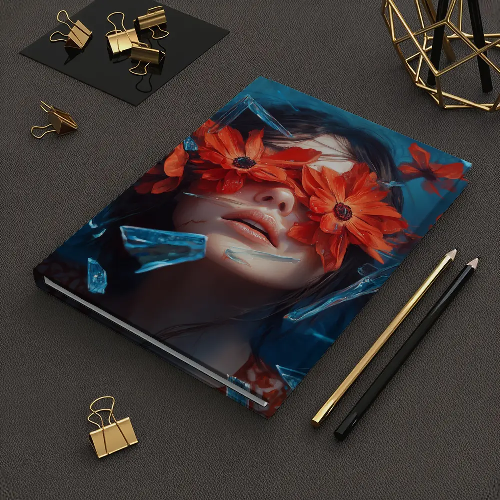 Woman Red Flowers Shattered Glass Blue Background – Notebooks