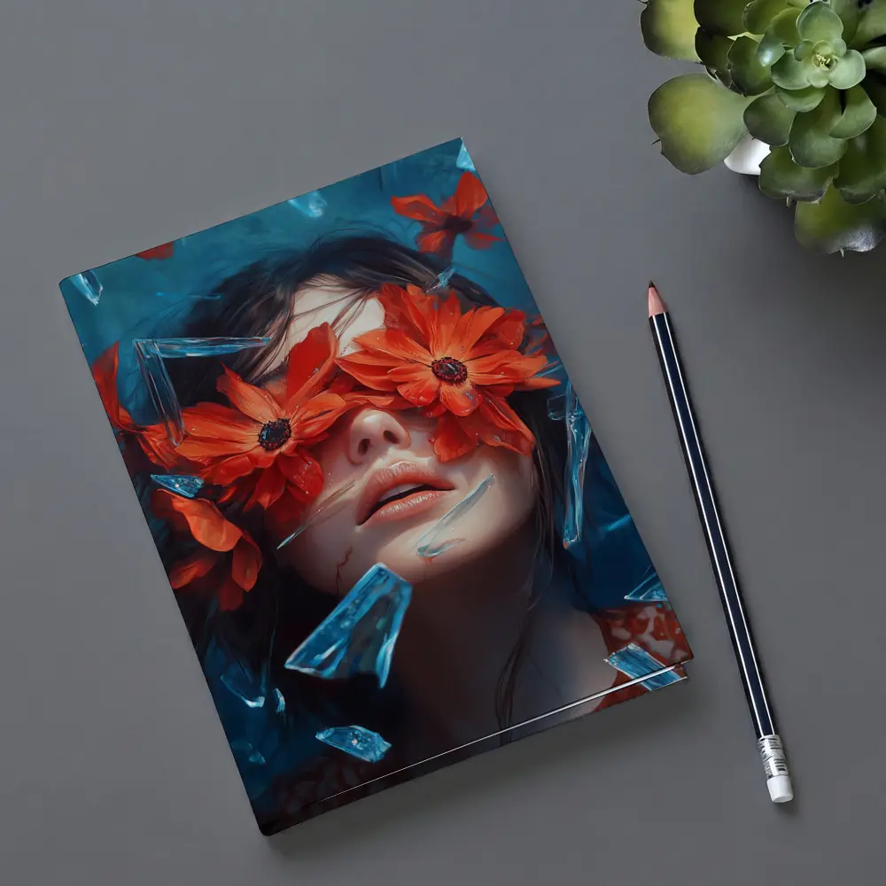 Woman Red Flowers Shattered Glass Blue Background – Notebooks