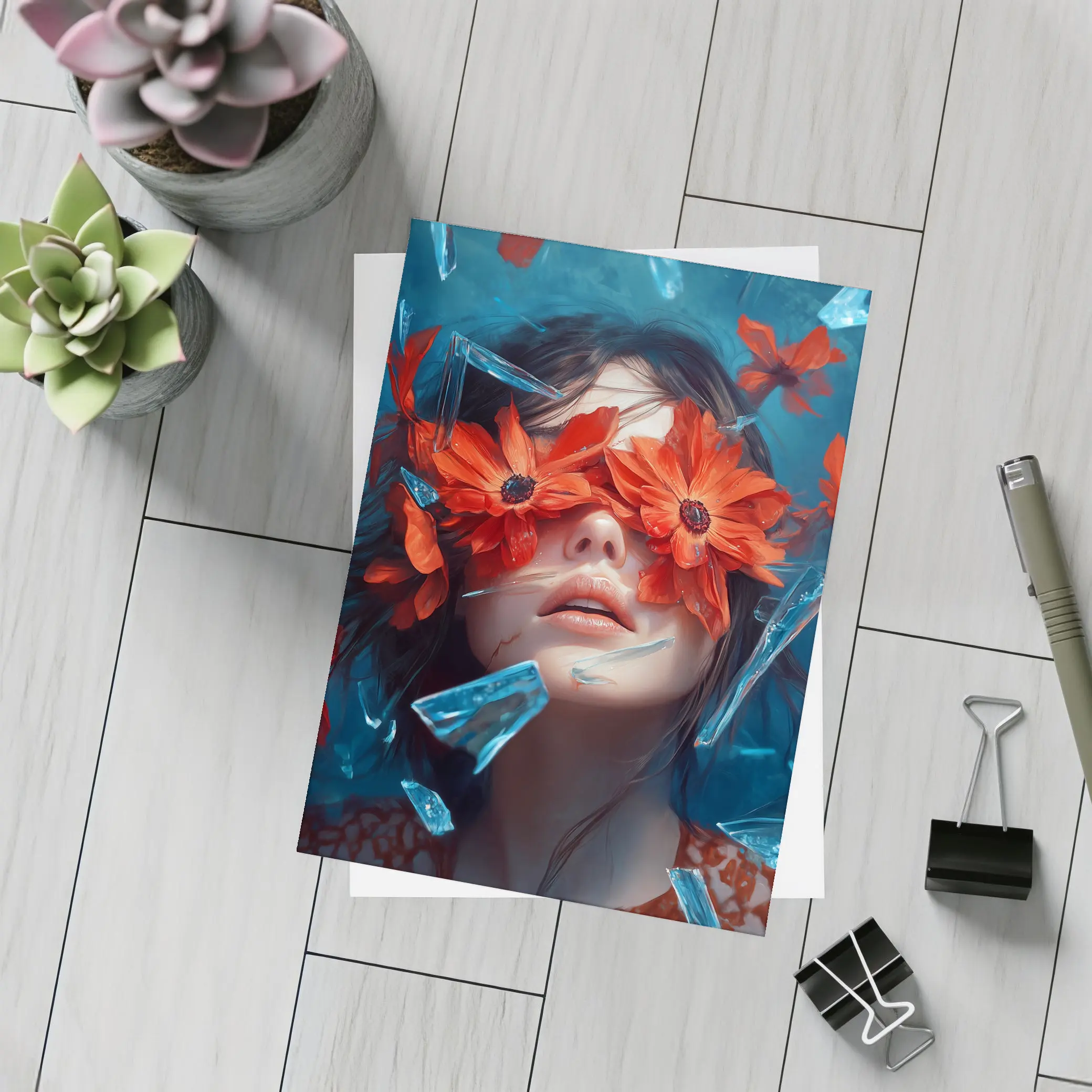 Woman Red Flowers Shattered Glass Blue Background – Postcards