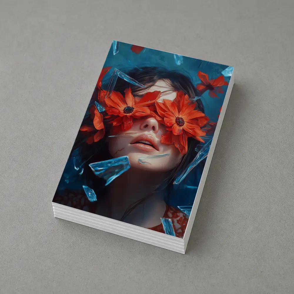 Woman Red Flowers Shattered Glass Blue Background – Postcards