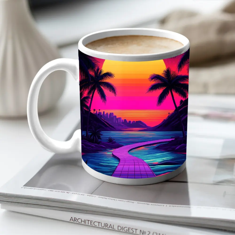 Retrowave Tropical Sunset Palm Tree Scene – Mugs