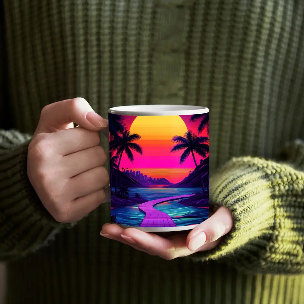 Retrowave Tropical Sunset Palm Tree Scene – Mugs