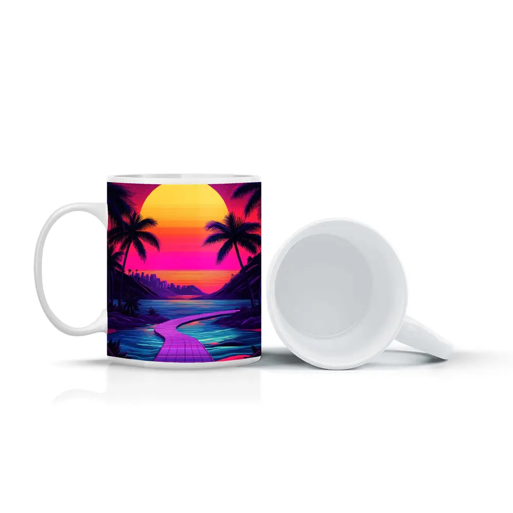 Retrowave Tropical Sunset Palm Tree Scene – Mugs