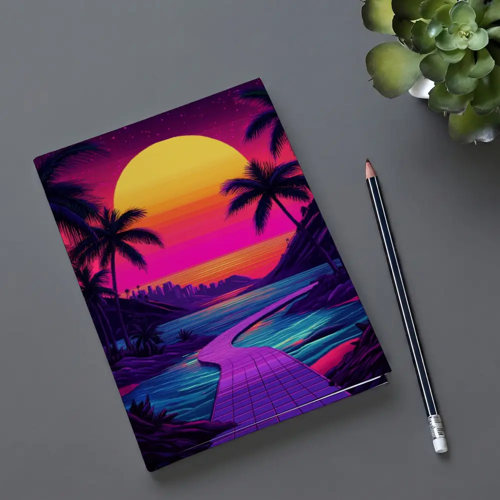 Retrowave Tropical Sunset Palm Tree Scene – Notebooks