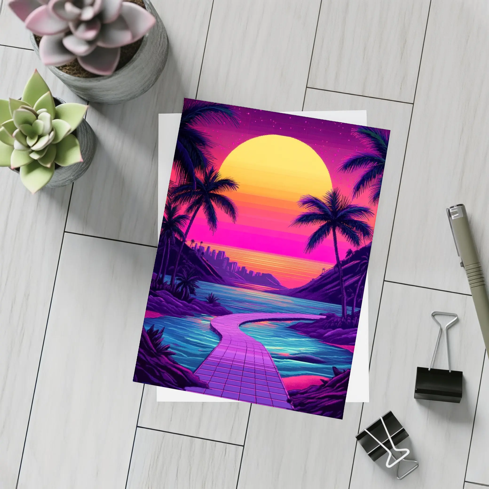 Retrowave Tropical Sunset Palm Tree Scene – Postcards