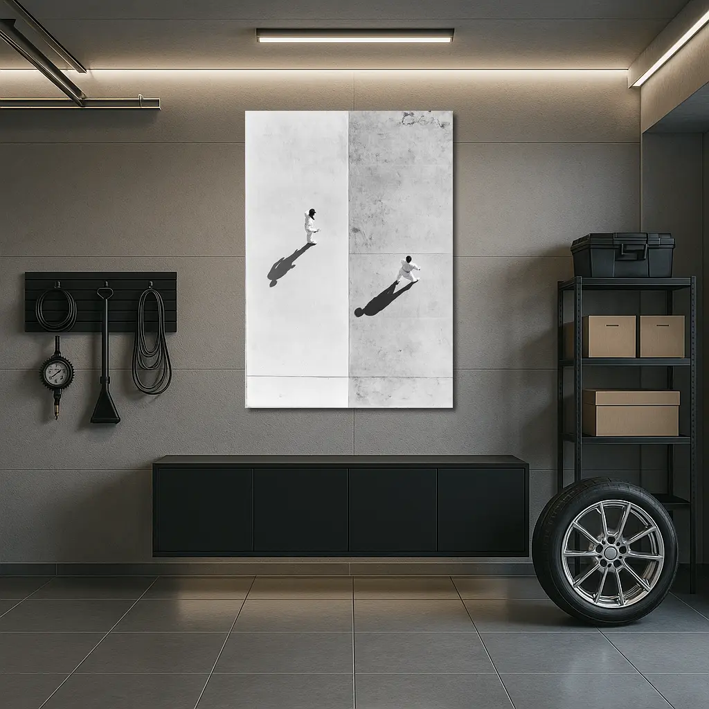 Two Figures Walking Aerial Black White – Wall Art