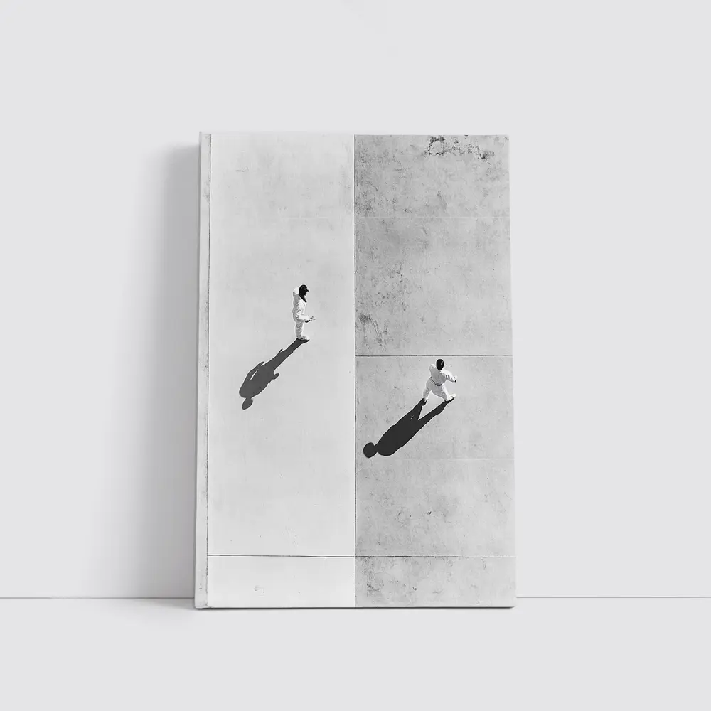 Two Figures Walking Aerial Black White – Wall Art