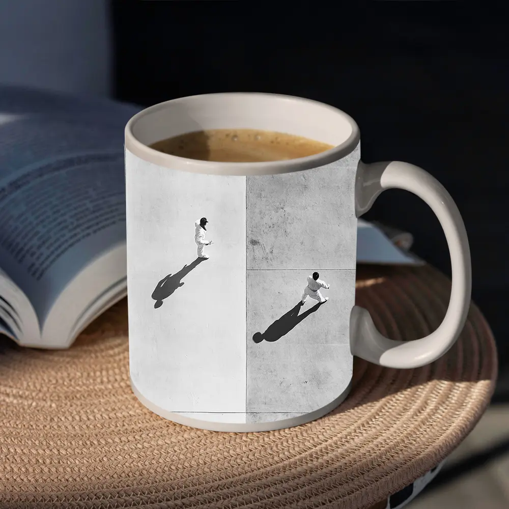 Two Figures Walking Aerial Black White – Mugs