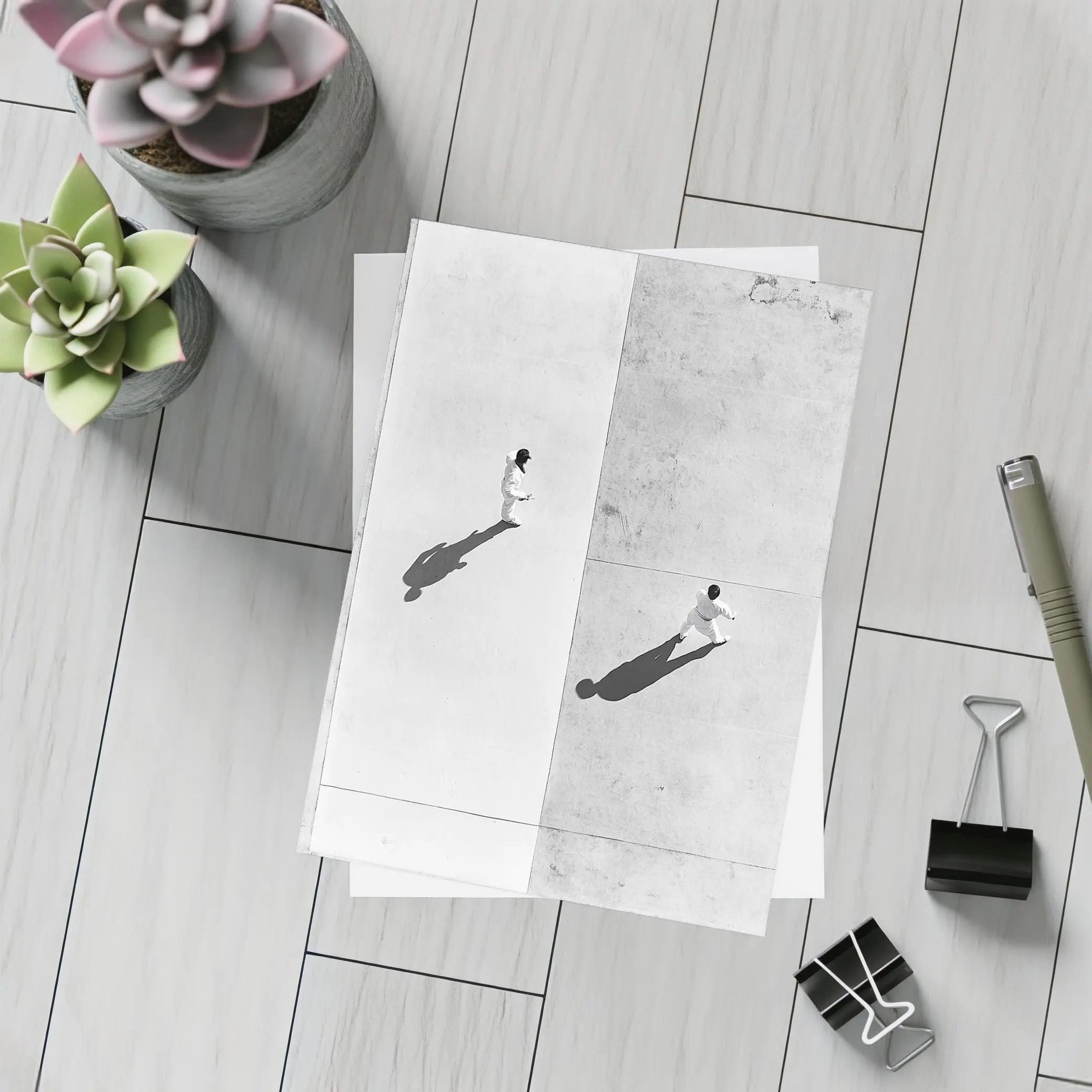 Two Figures Walking Aerial Black White – Postcards