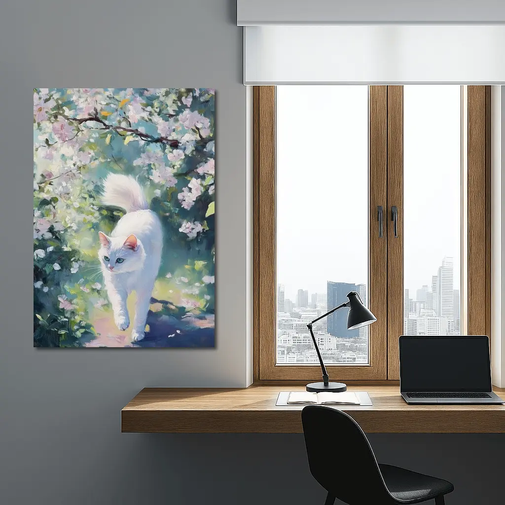 White Cat Walking Through Cherry Blossom Garden – Wall Art