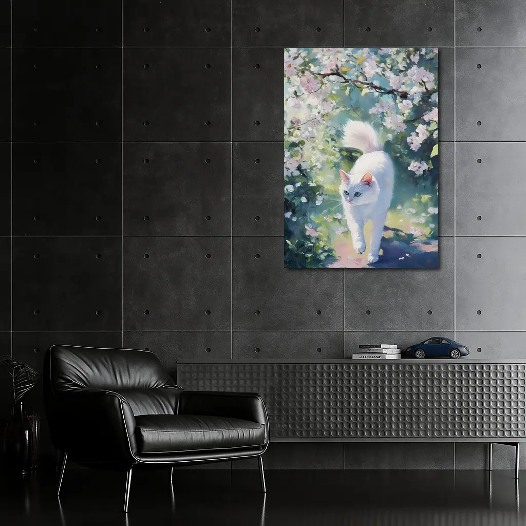 White Cat Walking Through Cherry Blossom Garden – Wall Art