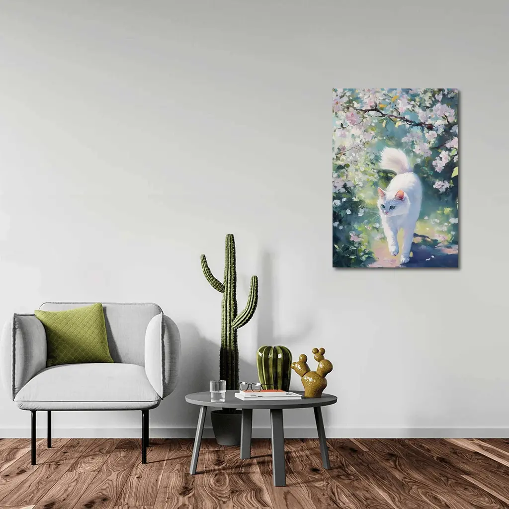 White Cat Walking Through Cherry Blossom Garden – Wall Art