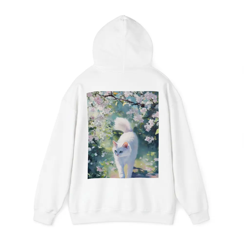 White Cat Walking Through Cherry Blossom Garden – Hoodies