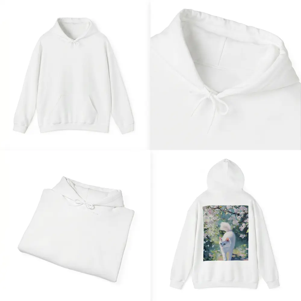 White Cat Walking Through Cherry Blossom Garden – Hoodies