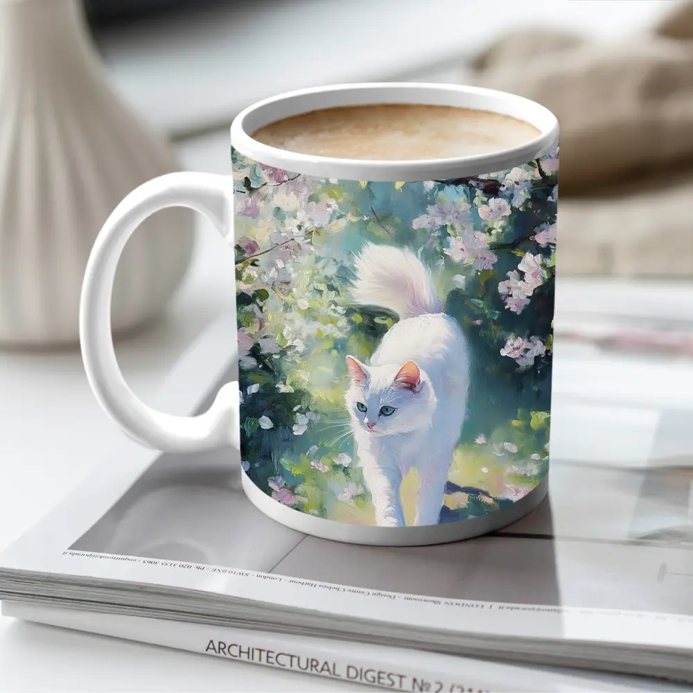 White Cat Walking Through Cherry Blossom Garden – Mugs