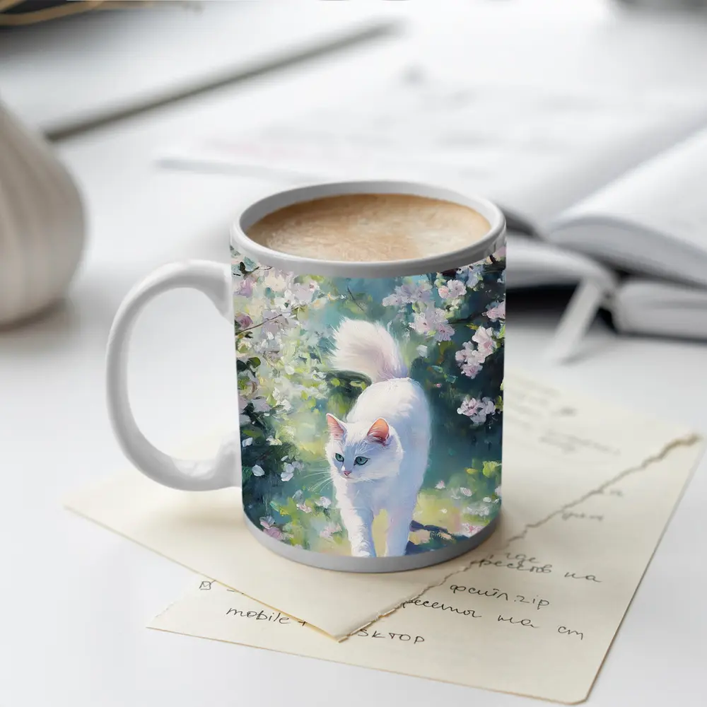 White Cat Walking Through Cherry Blossom Garden – Mugs