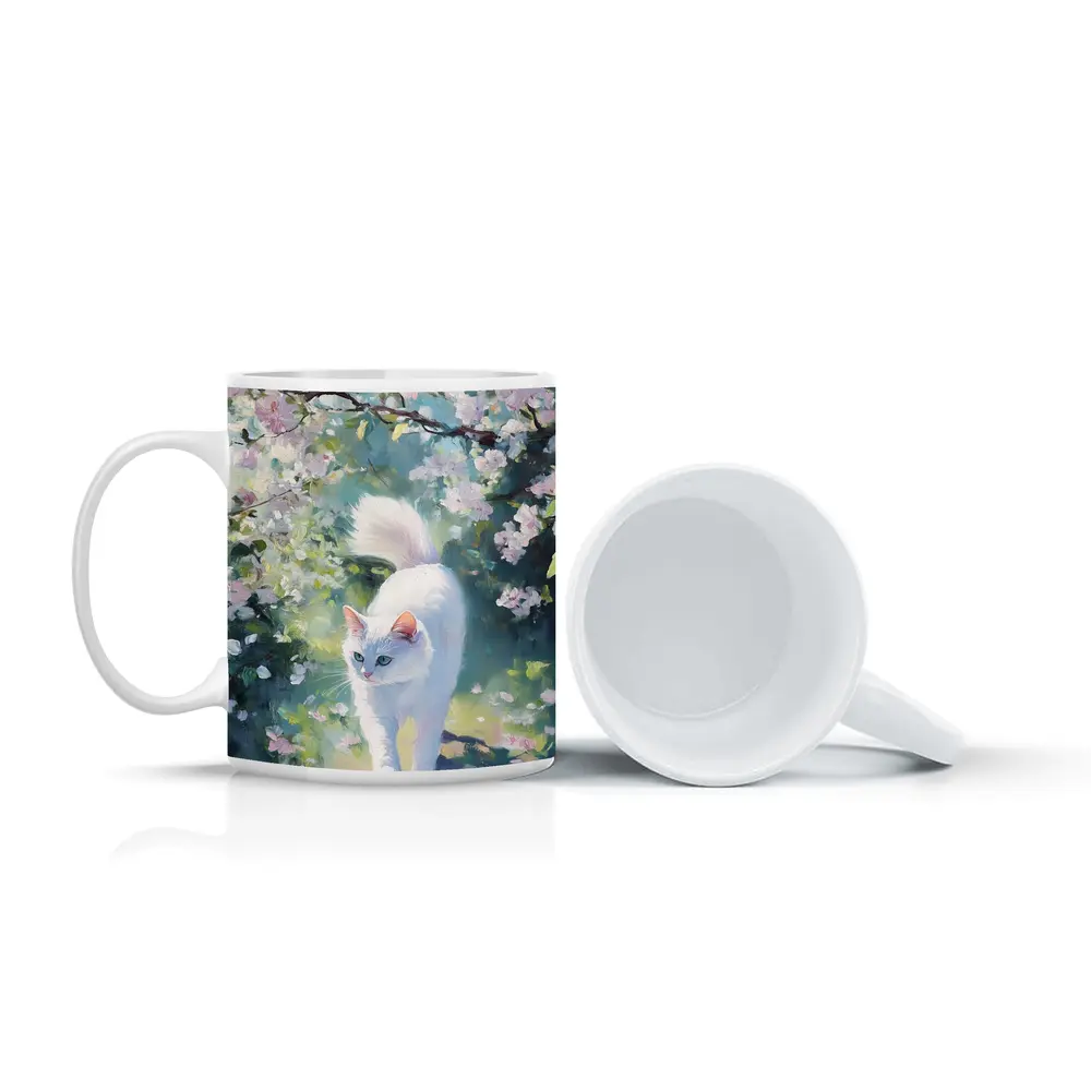 White Cat Walking Through Cherry Blossom Garden – Mugs
