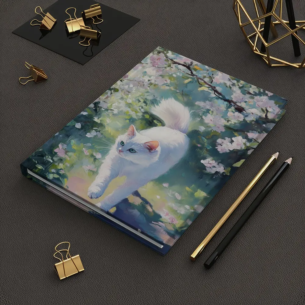 White Cat Walking Through Cherry Blossom Garden – Notebooks