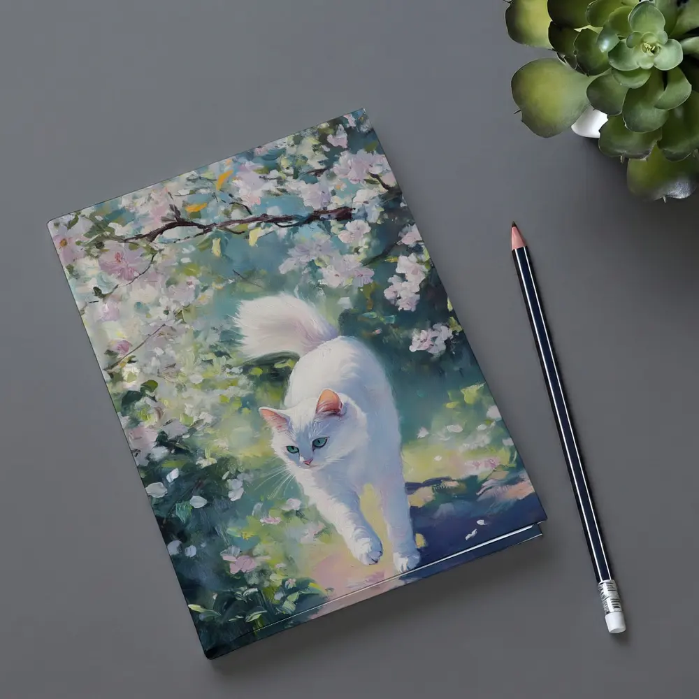 White Cat Walking Through Cherry Blossom Garden – Notebooks
