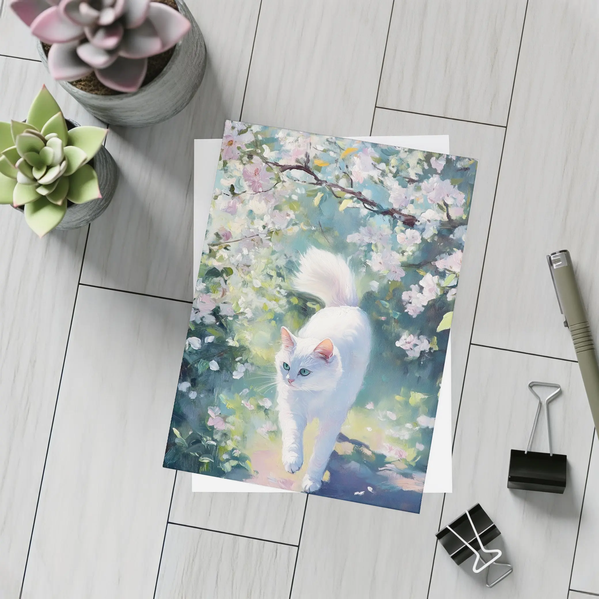 White Cat Walking Through Cherry Blossom Garden – Postcards