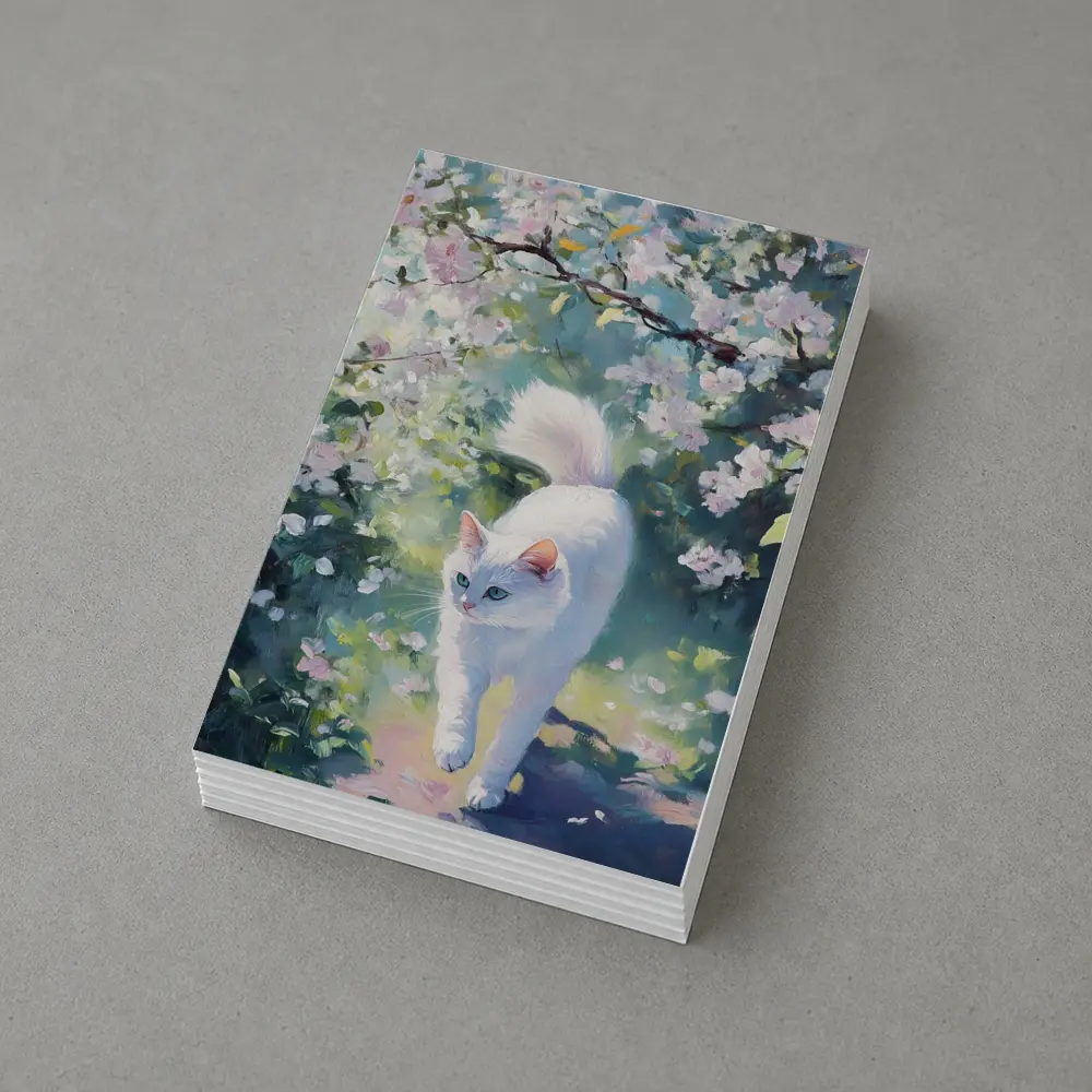 White Cat Walking Through Cherry Blossom Garden – Postcards