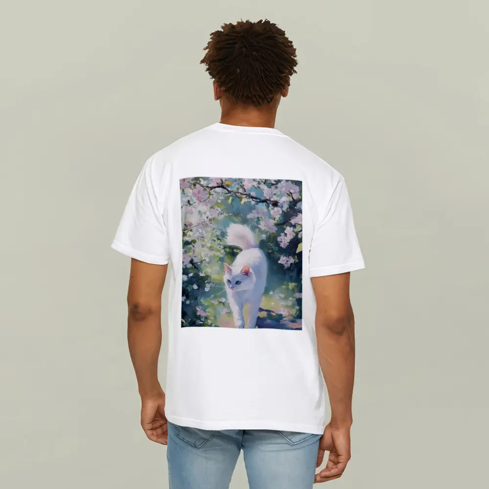White Cat Walking Through Cherry Blossom Garden – T-Shirts