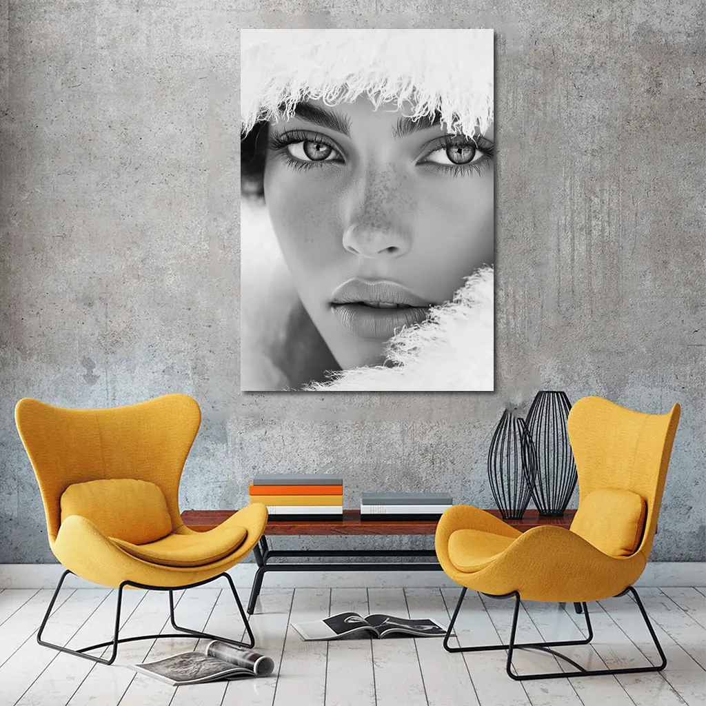 Black and White Portrait Woman Fur Hat – Wall Art