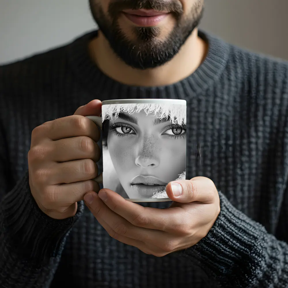 Black and White Portrait Woman Fur Hat – Mugs