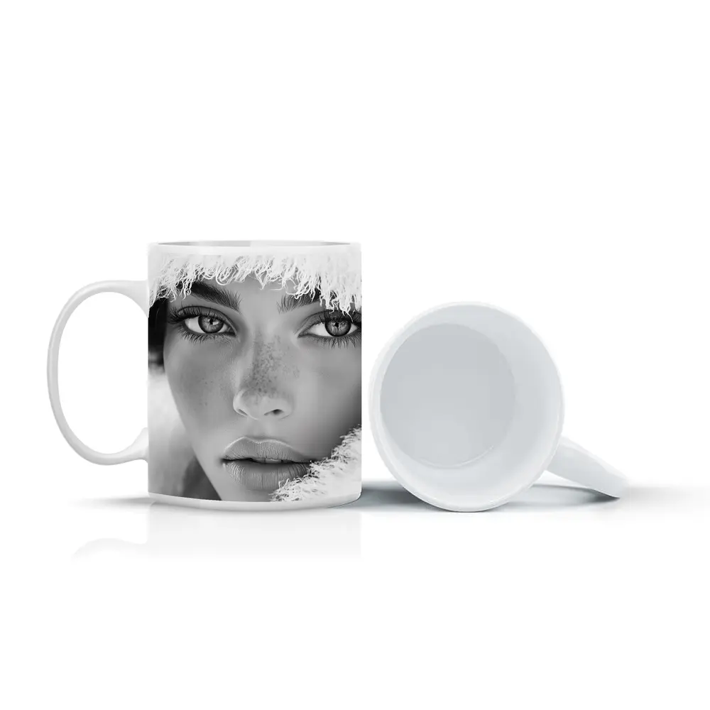 Black and White Portrait Woman Fur Hat – Mugs