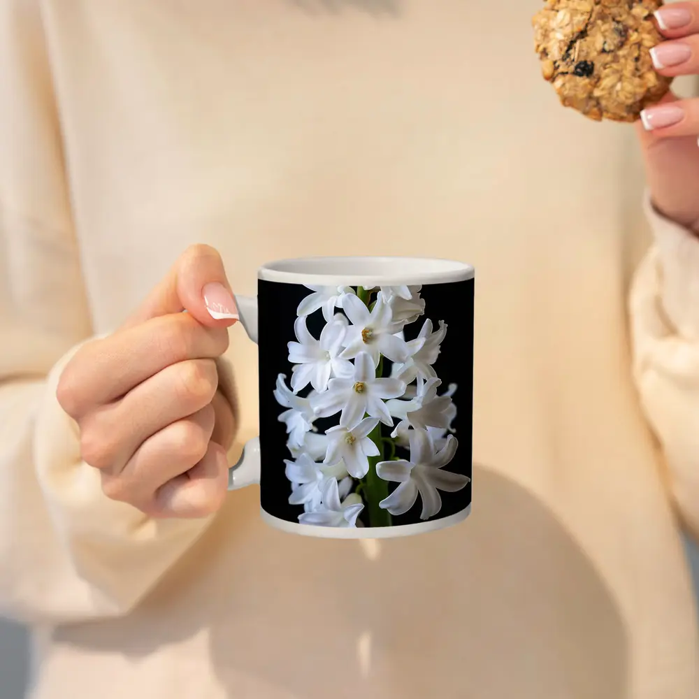 White Hyacinth Flower Black Background – Mugs