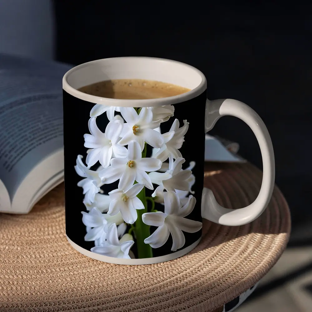 White Hyacinth Flower Black Background – Mugs