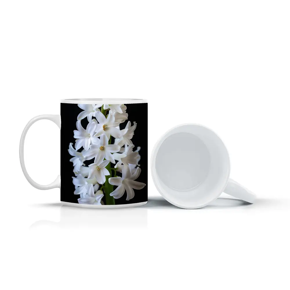 White Hyacinth Flower Black Background – Mugs