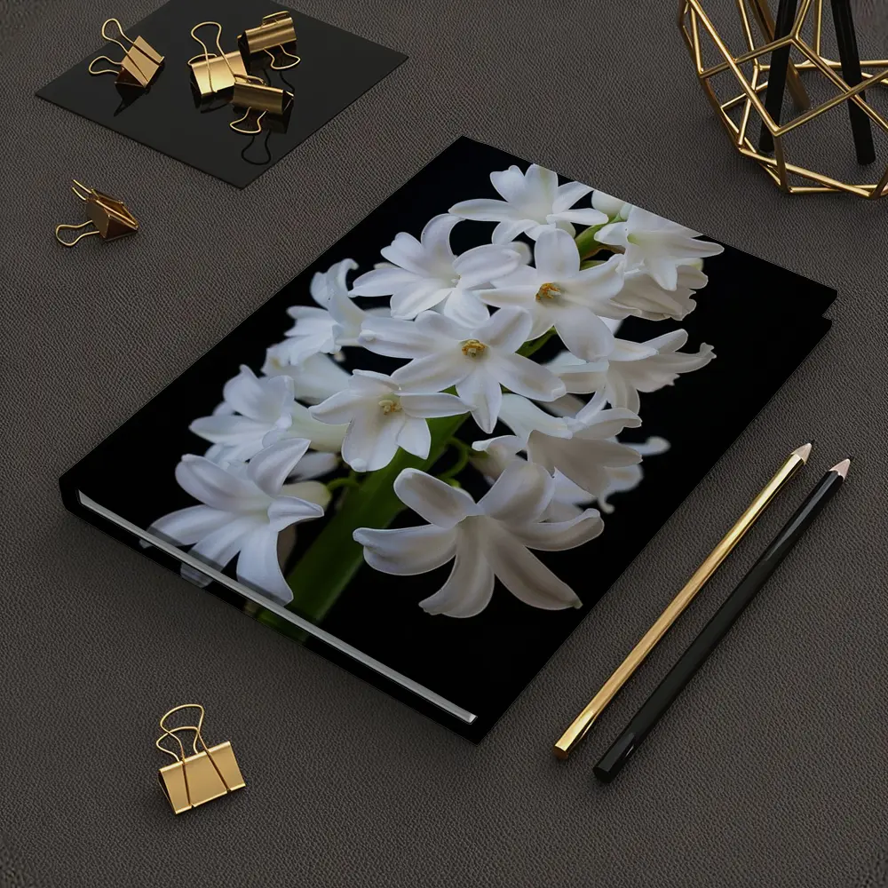 White Hyacinth Flower Black Background – Notebooks