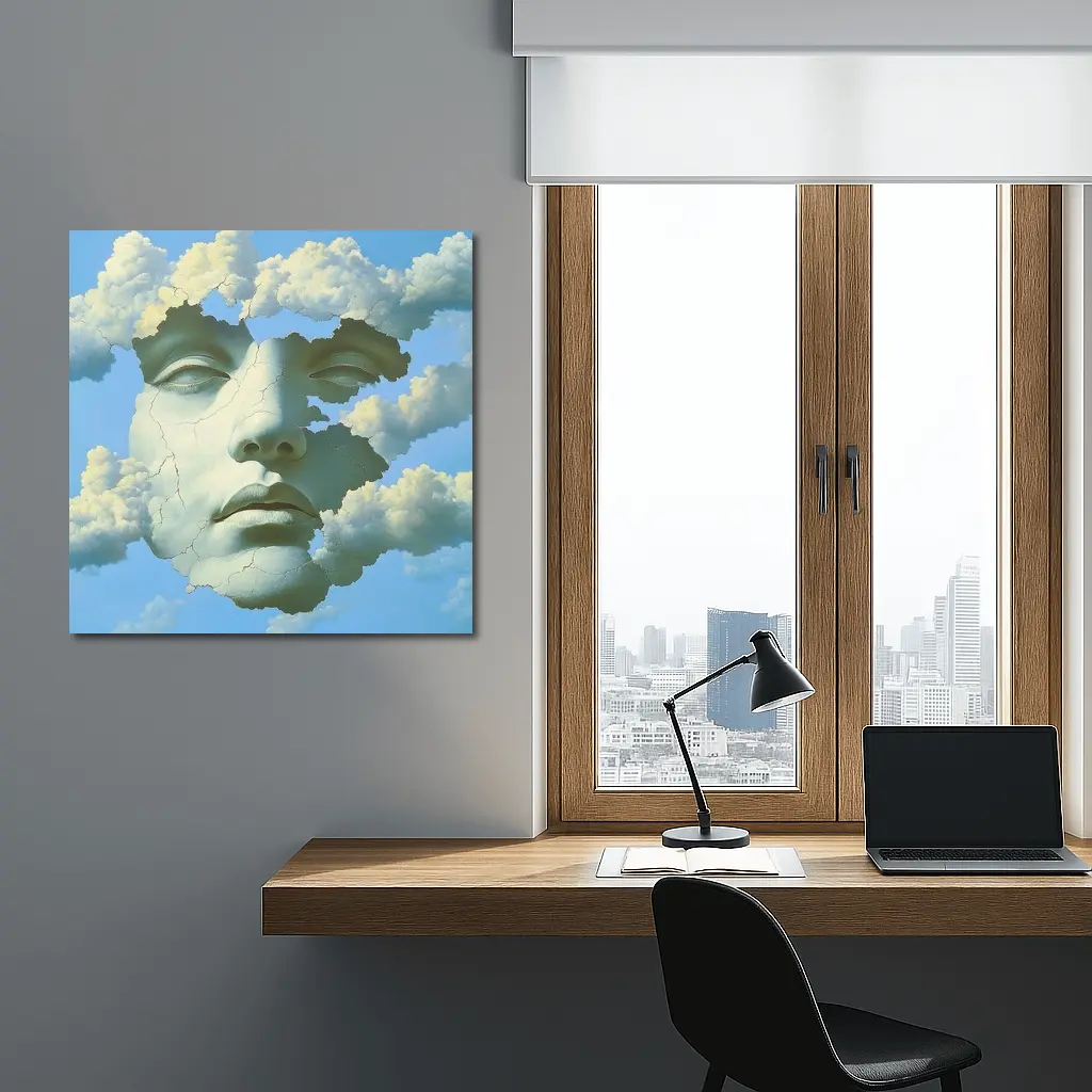 Cracked Stone Face Merging With Clouds Sky – Wall Art